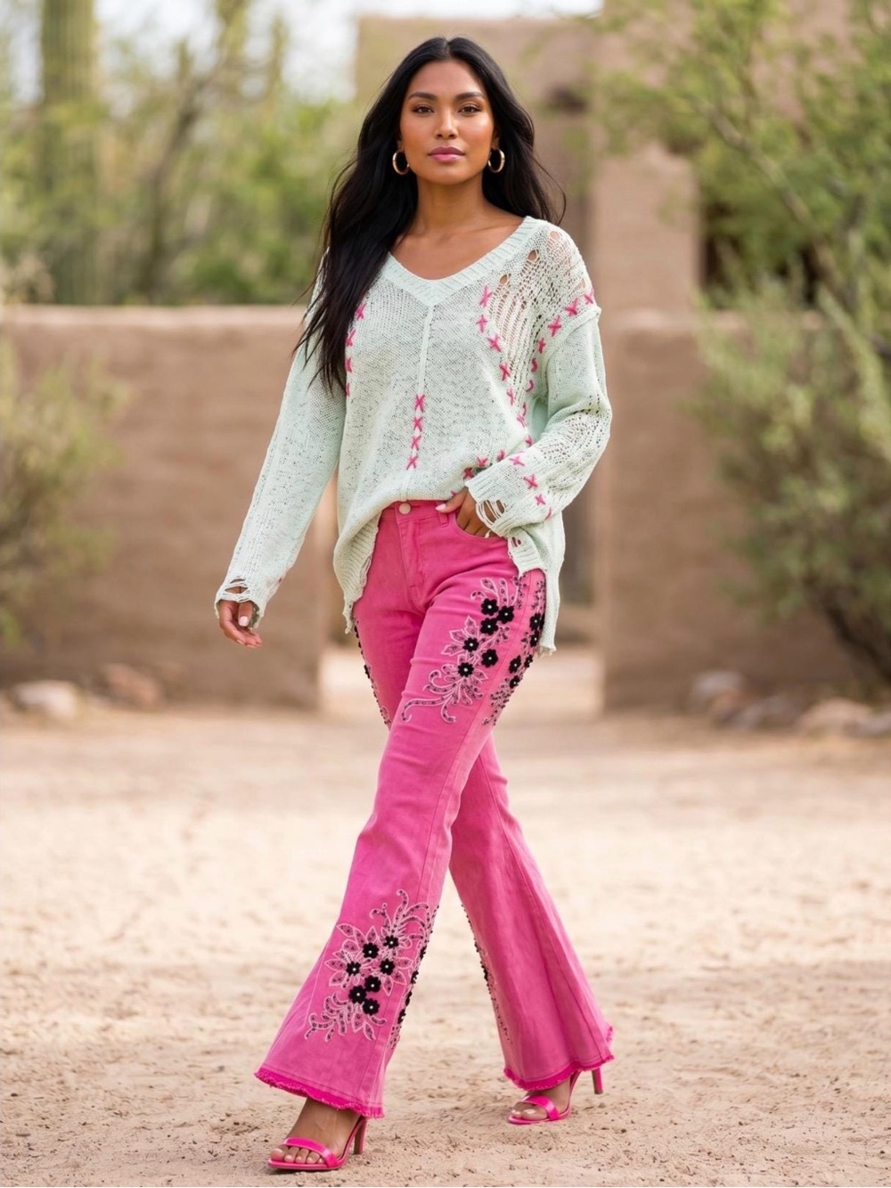 POL Pink Embroidered Flare Jeans - Picture 3 of 9